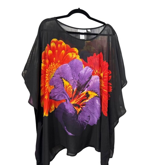 Susan Graver Tops - Susan Graver Black Floral Sheer Poncho Blouse Coverup Size L Purple Red Flowers